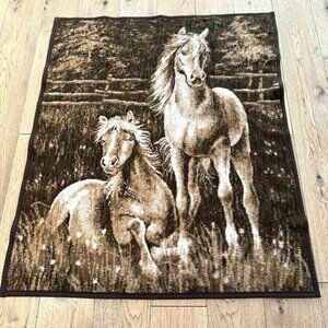 Vintage Biederlack Blanket Horse Graphic Acrylic 46”x53”Made in USA Lap Throw